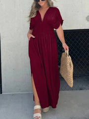 Inrosy robe longue boho plissee v-cou fendu le côté fluide décolleté dos manches chauve souris femme décontracté de plage