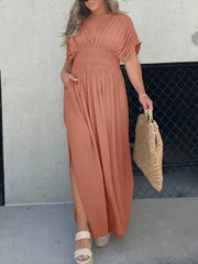 Inrosy robe longue boho plissee v-cou fendu le côté fluide décolleté dos manches chauve souris femme décontracté de plage