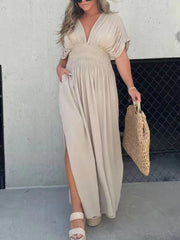 Inrosy robe longue boho plissee v-cou fendu le côté fluide décolleté dos manches chauve souris femme décontracté de plage