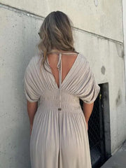 Inrosy robe longue boho plissee v-cou fendu le côté fluide décolleté dos manches chauve souris femme décontracté de plage