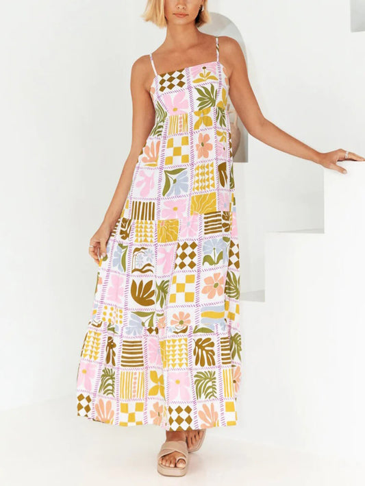 Inrosy longue robe découpes imprimé à fleurie à fines brides dos nu femme bohème décontracté de plage