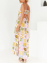 Inrosy longue robe découpes imprimé à fleurie à fines brides dos nu femme bohème décontracté de plage