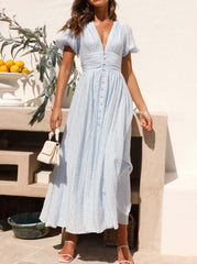Inrosy robe longue v-cou manches boutonnage bouffantes manches courtes femme élégant décontracté de soirée plage