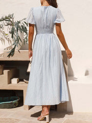 Inrosy robe longue v-cou manches boutonnage bouffantes manches courtes femme élégant décontracté de soirée plage