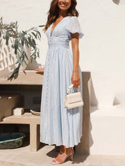 Inrosy robe longue v-cou manches boutonnage bouffantes manches courtes femme élégant décontracté de soirée plage