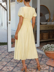 Inrosy robe longue v-cou manches boutonnage bouffantes manches courtes femme élégant décontracté de soirée plage