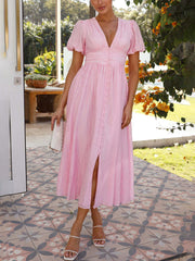 Inrosy robe longue v-cou manches boutonnage bouffantes manches courtes femme élégant décontracté de soirée plage