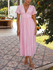 Inrosy robe longue v-cou manches boutonnage bouffantes manches courtes femme élégant décontracté de soirée plage