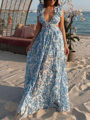 Inrosy robe longue mousseline imprimé à fleurie v-cou découpes fendu volantée sans manches femme bohème de plage