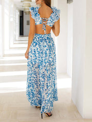 Inrosy robe longue mousseline imprimé à fleurie v-cou découpes fendu volantée sans manches femme bohème de plage