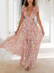 Inrosy robe longue mousseline imprimé à fleurie v-cou découpes fendu volantée sans manches femme bohème de plage