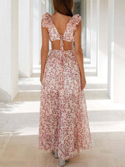 Inrosy robe longue mousseline imprimé à fleurie v-cou découpes fendu volantée sans manches femme bohème de plage