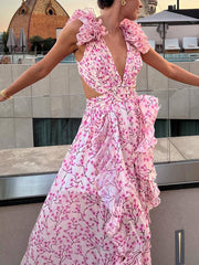 Inrosy robe longue mousseline imprimé à fleurie v-cou découpes fendu volantée sans manches femme bohème de plage