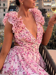 Inrosy robe longue mousseline imprimé à fleurie v-cou découpes fendu volantée sans manches femme bohème de plage