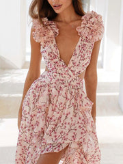 Inrosy robe longue mousseline imprimé à fleurie v-cou découpes fendu volantée sans manches femme bohème de plage