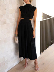 Inrosy robe longue col montant découpes fluide sans manches femme élégant décontracté doux anniversaire