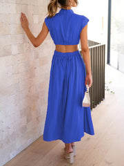 Inrosy robe longue col montant découpes fluide sans manches femme élégant décontracté doux anniversaire