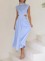 Inrosy robe longue col montant découpes fluide sans manches femme élégant décontracté doux anniversaire