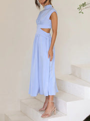 Inrosy robe longue col montant découpes fluide sans manches femme élégant décontracté doux anniversaire