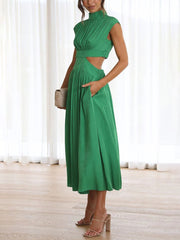 Inrosy robe longue col montant découpes fluide sans manches femme élégant décontracté doux anniversaire