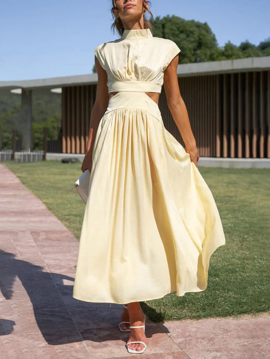 Inrosy robe longue col montant découpes fluide sans manches femme élégant décontracté doux anniversaire