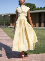 Inrosy robe longue col montant découpes fluide sans manches femme élégant décontracté doux anniversaire