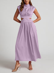 Inrosy robe longue col montant découpes fluide sans manches femme élégant décontracté doux anniversaire