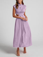 Inrosy robe longue col montant découpes fluide sans manches femme élégant décontracté doux anniversaire