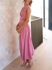 Inrosy robe longue col montant découpes fluide sans manches femme élégant décontracté doux anniversaire