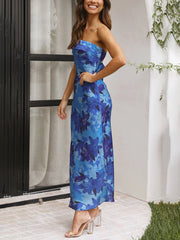 Inrosy robe longue découpes moulante imprimé tropicale feuille bustier sans manches femme élégant de cocktail plage