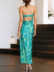 Inrosy robe longue découpes moulante imprimé tropicale feuille bustier sans manches femme élégant de cocktail plage