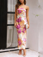 Inrosy robe longue découpes moulante imprimé tropicale feuille bustier sans manches femme élégant de cocktail plage