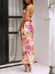 Inrosy robe longue découpes moulante imprimé tropicale feuille bustier sans manches femme élégant de cocktail plage