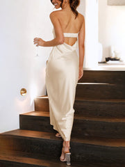 Inrosy robe longue en satin découpes moulante bustier dos nu sans manches femme élégant de soirée invité mariage