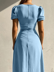 Inrosy robe longue moulante col carré fendu boutonnage manches bouffantes manches courtes fenne élégant doux casual