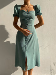 Inrosy robe longue moulante col carré fendu boutonnage manches bouffantes manches courtes fenne élégant doux casual