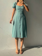 Inrosy robe longue moulante col carré fendu boutonnage manches bouffantes manches courtes fenne élégant doux casual