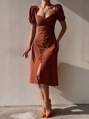 Inrosy robe longue moulante col carré fendu boutonnage manches bouffantes manches courtes fenne élégant doux casual