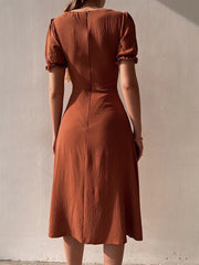 Inrosy robe longue moulante col carré fendu boutonnage manches bouffantes manches courtes fenne élégant doux casual