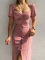 Inrosy robe longue moulante col carré fendu boutonnage manches bouffantes manches courtes fenne élégant doux casual