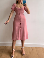 Inrosy robe longue moulante col carré fendu boutonnage manches bouffantes manches courtes fenne élégant doux casual