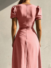 Inrosy robe longue moulante col carré fendu boutonnage manches bouffantes manches courtes fenne élégant doux casual