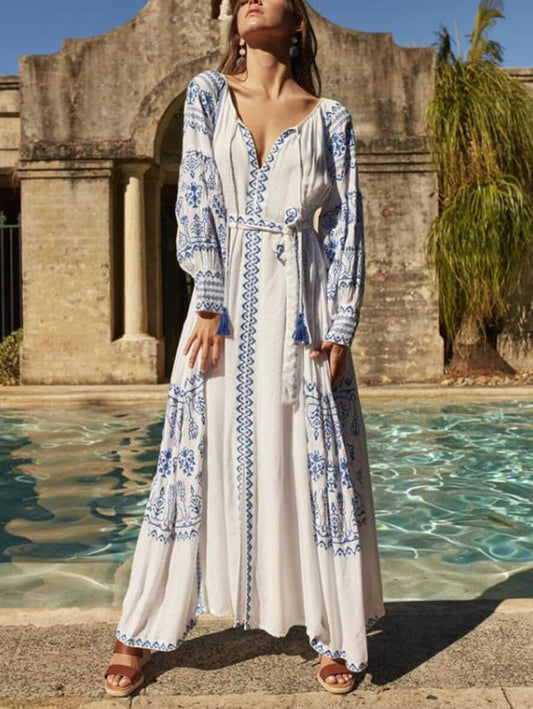 Inrosy robe longue coton v-cou fendu frange brodée ceinture manches longues femme bohème lâche décontracté vintage de plage