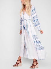 Inrosy robe longue coton v-cou fendu frange brodée ceinture manches longues femme bohème lâche décontracté vintage de plage