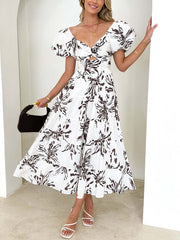 Inrosy robe longue imprimé à fleurie à volantée col bateau découpes manches bouffantes manches courtes femme décontracté de cocktail