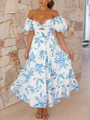 Inrosy robe longue imprimé à fleurie à volantée col bateau découpes manches bouffantes manches courtes femme décontracté de cocktail