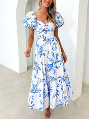 Inrosy robe longue imprimé à fleurie à volantée col bateau découpes manches bouffantes manches courtes femme décontracté de cocktail