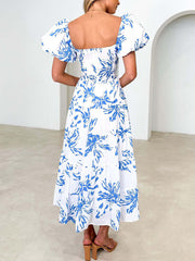 Inrosy robe longue imprimé à fleurie à volantée col bateau découpes manches bouffantes manches courtes femme décontracté de cocktail