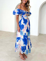 Inrosy robe longue imprimé à fleurie à volantée col bateau découpes manches bouffantes manches courtes femme décontracté de cocktail