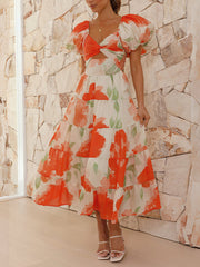 Inrosy robe longue imprimé à fleurie à volantée col bateau découpes manches bouffantes manches courtes femme décontracté de cocktail